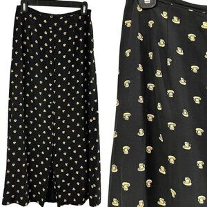 Vtg 90s Black Coffee Cup A-line Midi Skirt Whimsygoth Rayon Size Small Medium